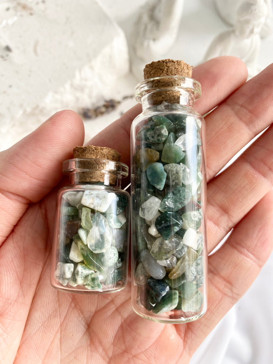 Moss Agate Chips Bottle GURU CRYSTALS