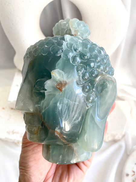 Lemurian Aquatine Calcite Buddha Head