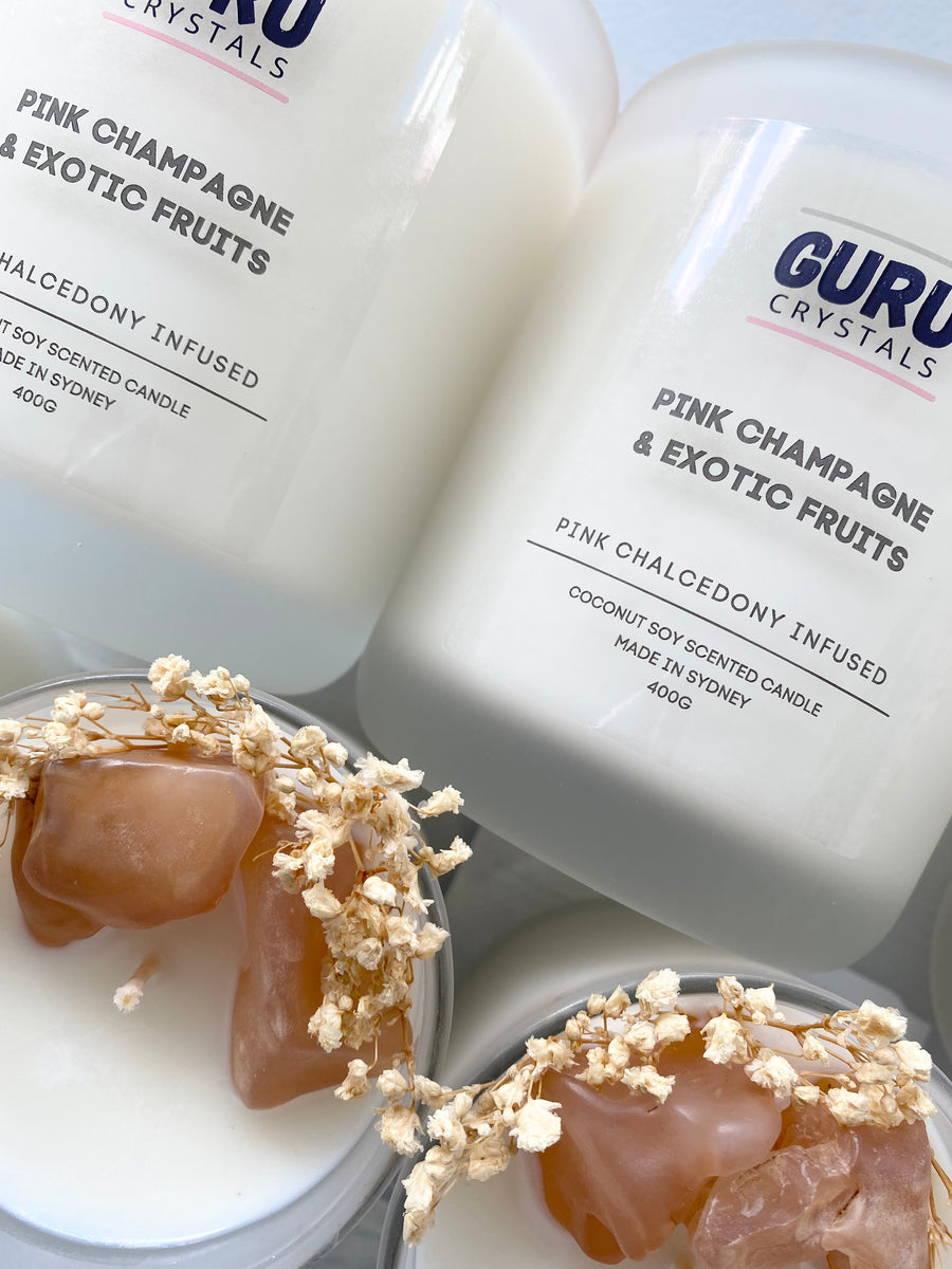 Pink Champagne & Exotic Fruits Pink Chalcedony Infused Candle GURU