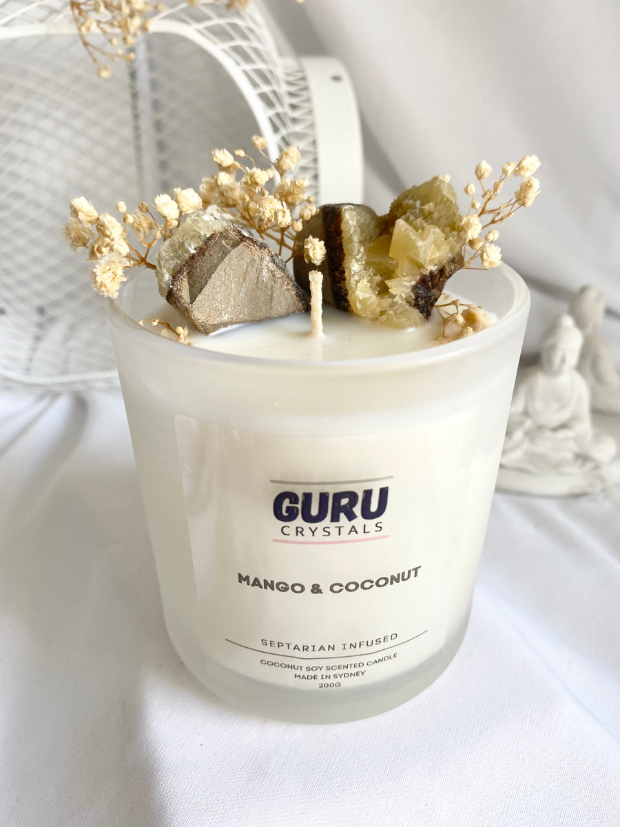 Mango & Coconut Septarian Infused Candle GURU CRYSTALS