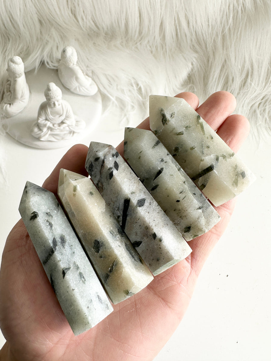 Green Tourmaline Quartz Point GURU CRYSTALS