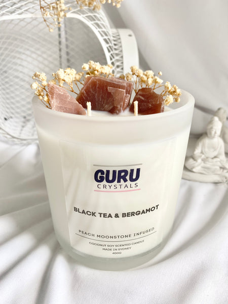 Black Tea & Bergamot - Peach Moonstone Infused Candle