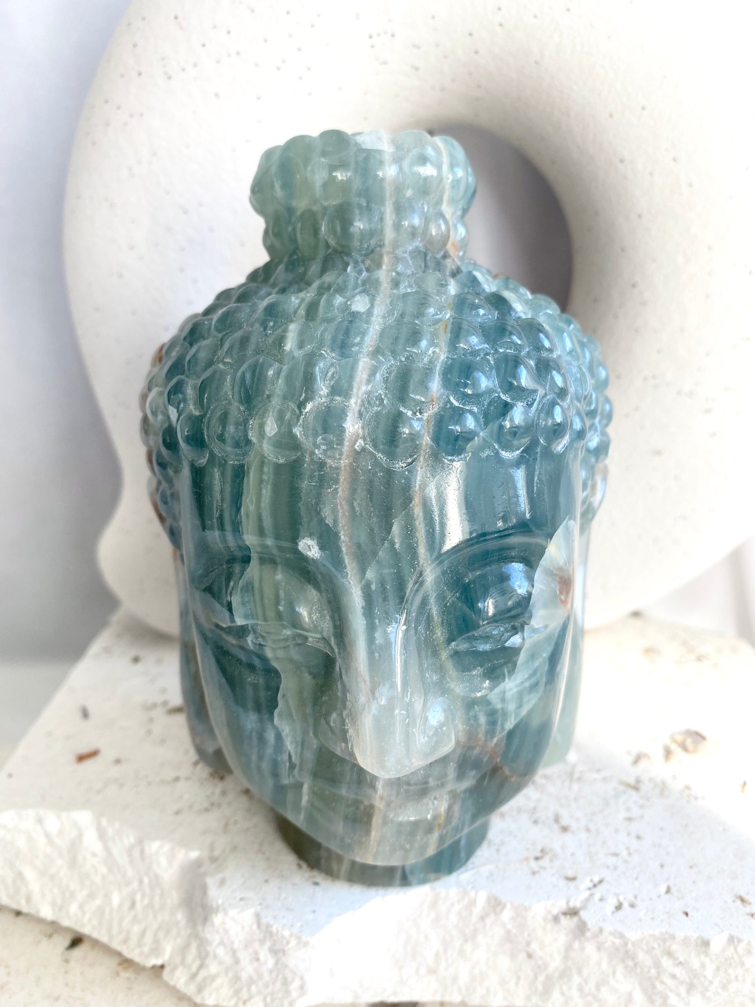 lemurian aquatine calcite / blue onyx budddha head crystal carving