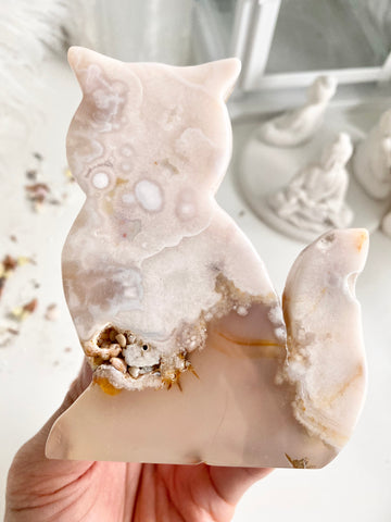 Flower Agate Cat Carving #8