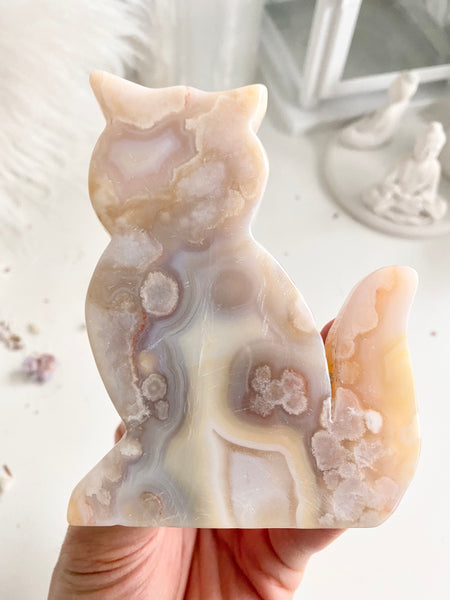 Flower Agate Cat Carving #1