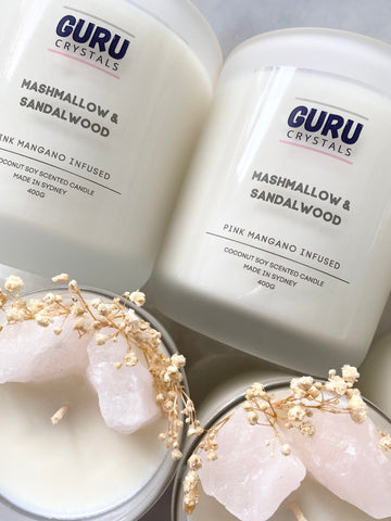 Marshmallow & Sandalwood - Pink Mangano Calcite Infused Candle